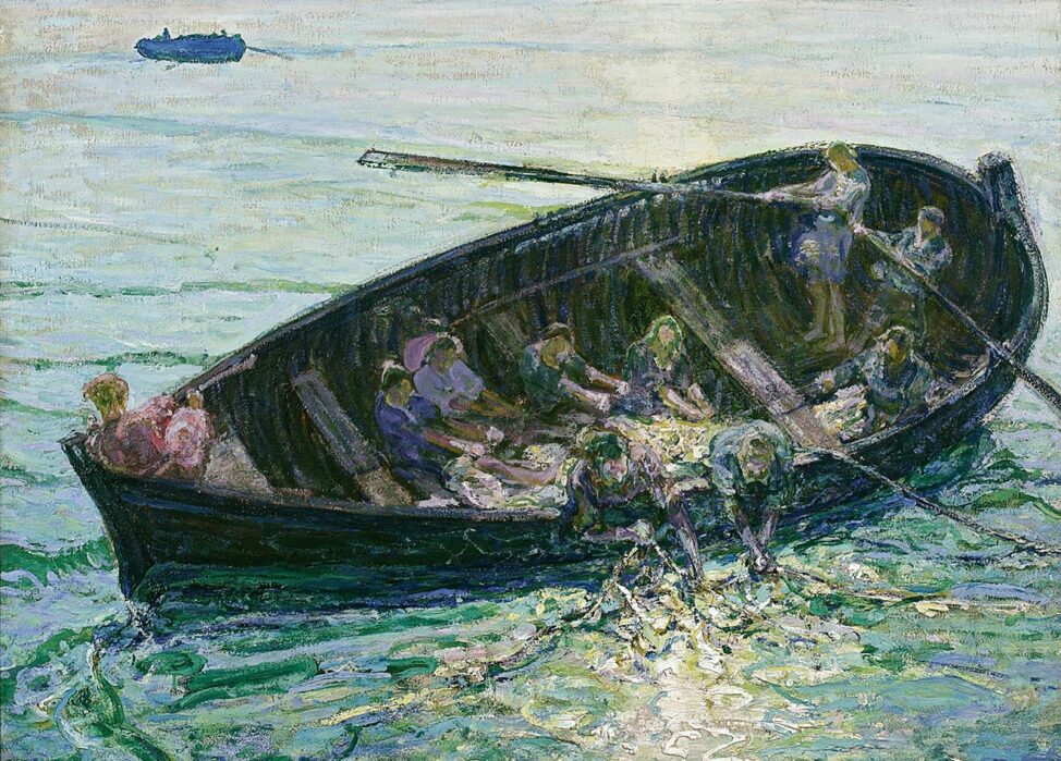 A painting of a row boat on the water with fishermen in it