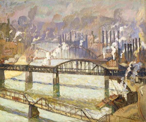 a painting of a river with two bridges in the foreground and a steel mill with billowing smokestacks in the background